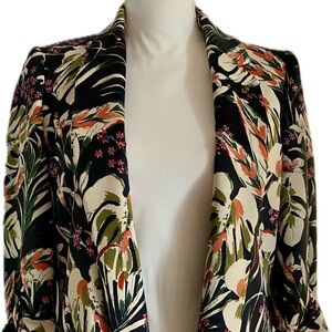 ZARA Blazer Spring Floral Jacket Silky Tropical Hawaiian Print Open Front Blazer